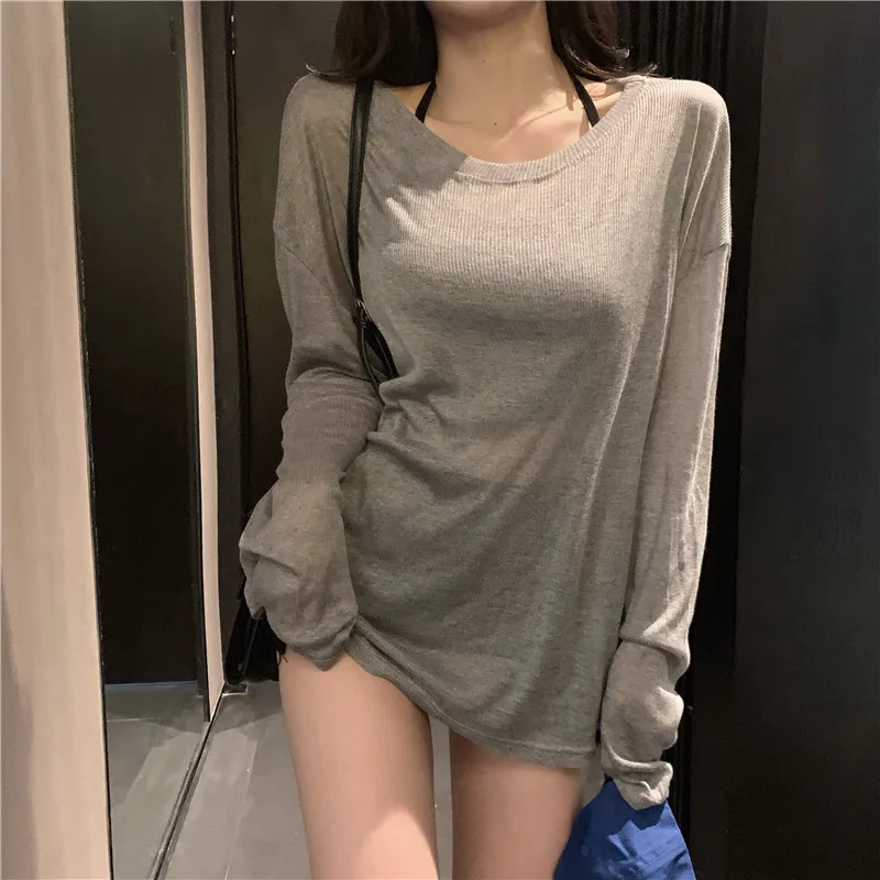 Весенняя тонкая женская футболка Hi Girl свободная с длинным рукавом и круглым