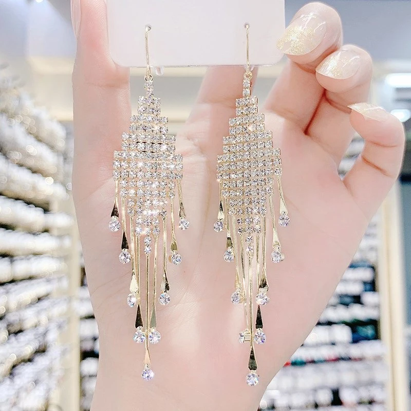 Women Clear Rhinestone Long Tassel Earrings 925 Silver Needle Luxury Lady Party shinning Drop Earring dangle earrings,drop earrings,crystal tassel earrings,crystal earrings,long earrings