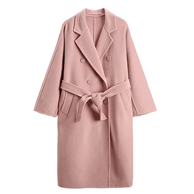 Pink Элегантное длинное шерстяное пальто женское зимнее шерстяное пальто на шнуровке в стиле ретро офисное женское тонкое двубортное корейское шерстяное повседневное пальто - Цвет: Pink