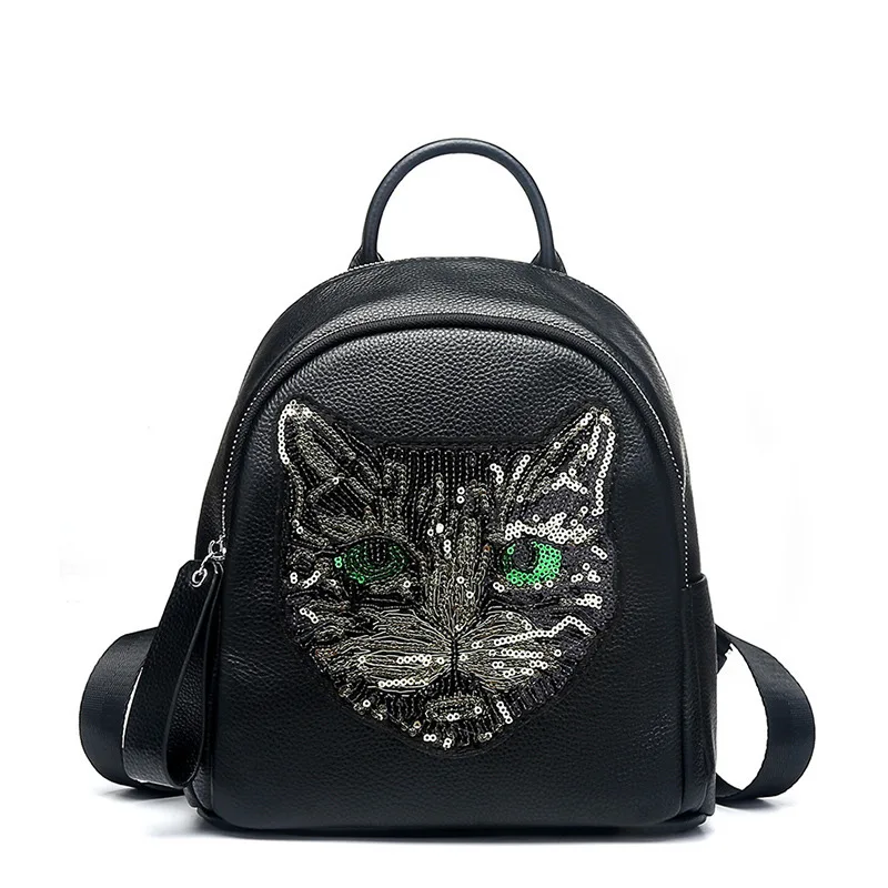 

2019 new double shoulder bags leather leisure fashion cowhide backpack interesting pearlescent cat head bags characteristics