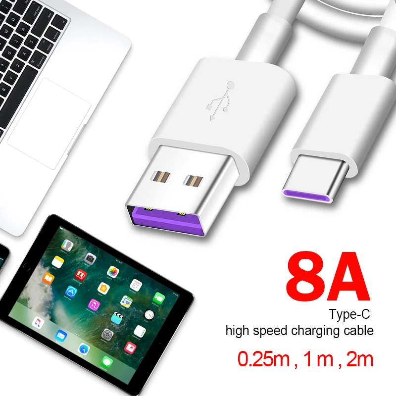 Быстрое зарядное устройство кабель type C для XIAOMI HUAWEI USB зарядное устройство кабель USB кабель для зарядки данных 1 м 2 м 8A USB мобильный телефон