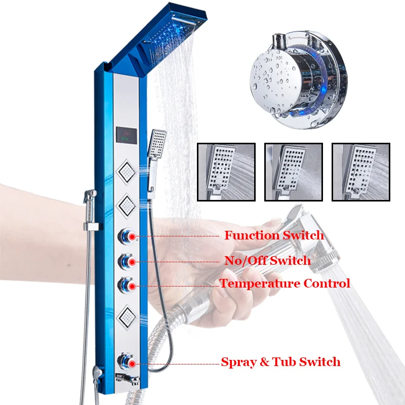 Черный никель светодиодный дождь водопад смеситель для душа набор душевая панель Колонка многофункциональная насадка Массаж Спа струи температурный экран