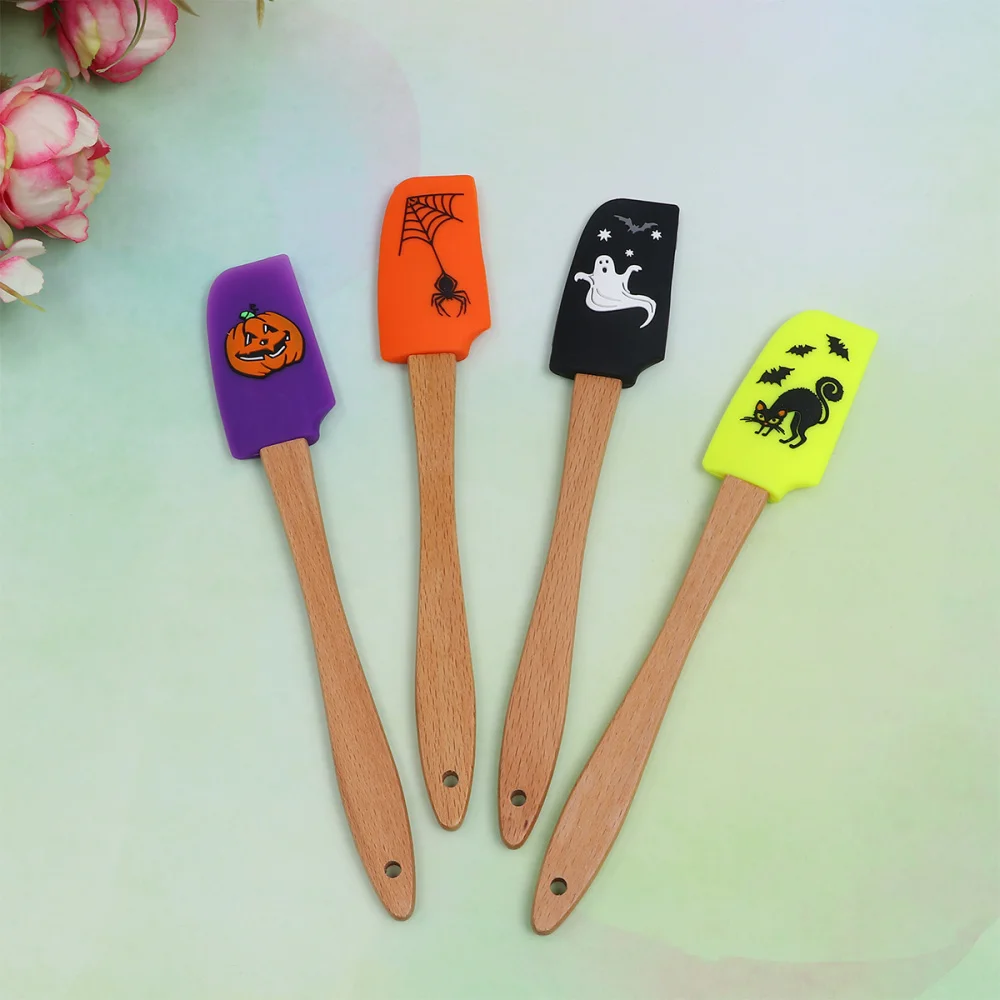 4pcs Halloween Wooden Handle Silicone Scraper Cream Spatula Baking Gadget Baking Supplies Kitchen Utensil for Home Bakery (Ghost