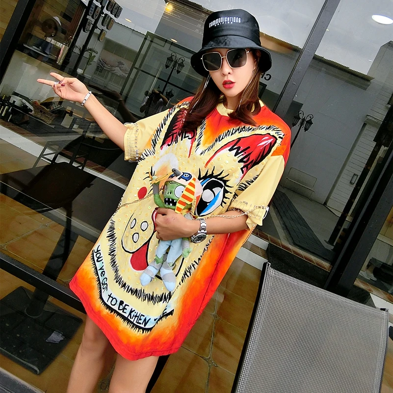 2019 модная новая свободная мультяшная Печатающая игла Блестящая футболка