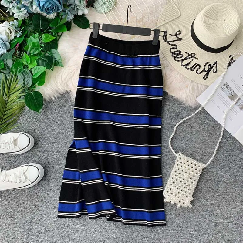NiceMix новая полосатая Осенняя Женская юбка трикотажная стрейч модная Faldas Mujer Moda Высокая талия панелями женские длинные юбки