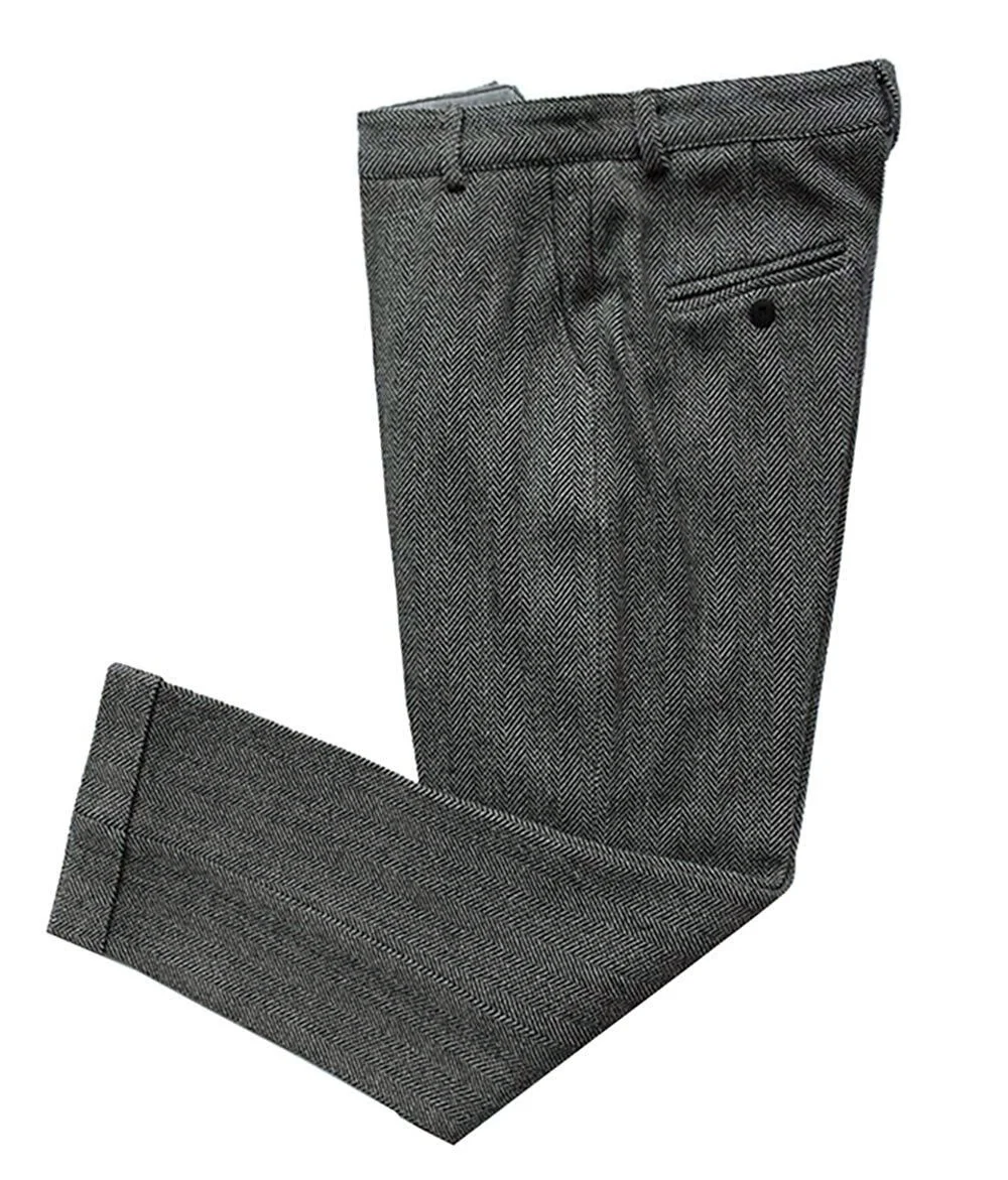 Classic Grey Men Pants Herringbone Suits Pants Regular Size Vintage Mens Pants Tweed Hemmed Pants Groomsmen Trousers