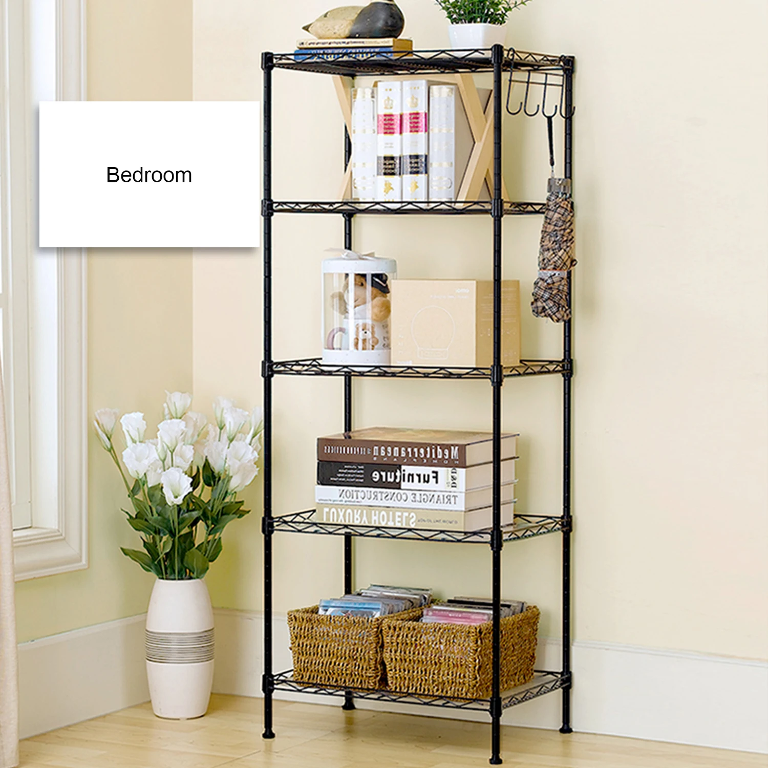 5 Tier Wire Shelves Heavy Duty Adjustable Kitchen Storage Wire Shelf Shelving Rack Microwave Stand with 4 Hooks Leveling Feet