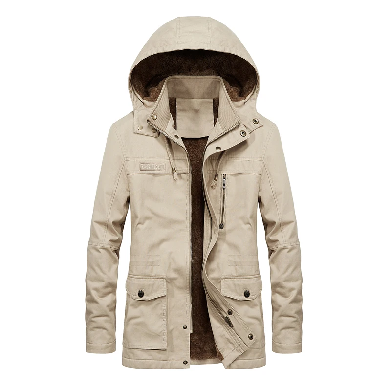 Мужская куртка новая осенне-зимняя модная военная куртка мужская с капюшоном карманная армейская куртка Толстая теплая хлопковая верхняя одежда плюс размер 5XL - Цвет: Хаки
