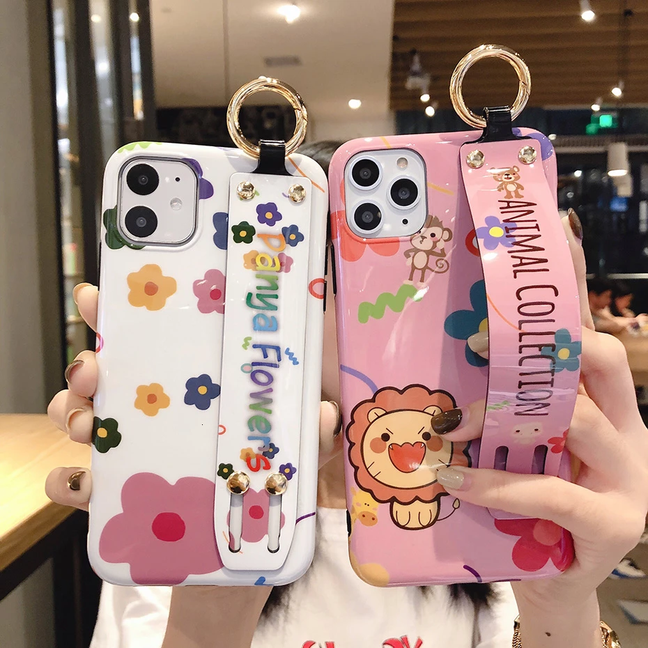

For iPhone 11 Pro Max XR Cute Phone Case Chic Flower Cartoon Lion Wrist Strap Silicone Cover for iPhone XS Max X 7 8 6 6S Plus