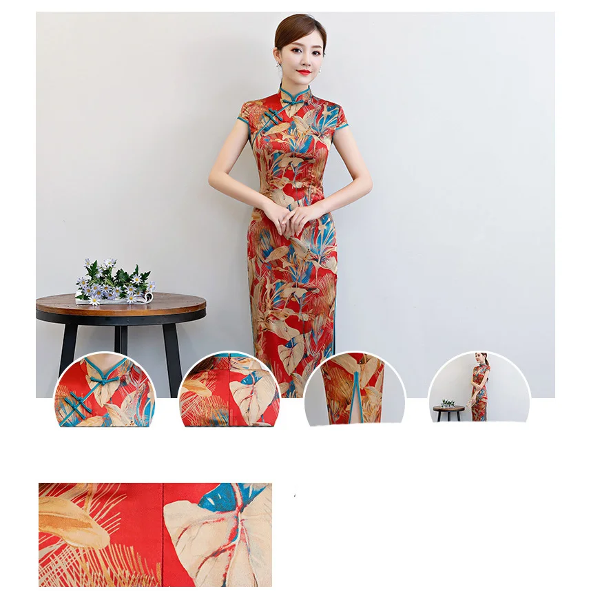 Cheongsam китайское платье винтажное с цветочным принтом женское традиционное Qipao длинный халат атласный шелк короткий рукав вечерние новогодние Wediing