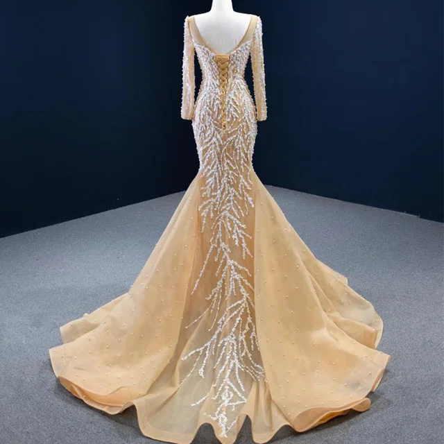 J67211 Jancember New Mermaid Wedding Dress 2020 Custom Design Dress Pearls V-Neck Long Sleeve Applique 2