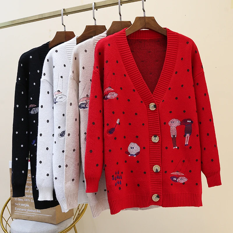 

2019 Women Autumn Winter Sweater Women Long Sleeve Knit Cardigan Coats Ladies Loose Tops Casual Embroidery Female Sweater Coat