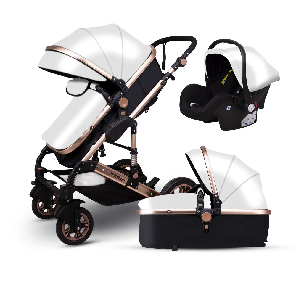 Золотая детская брендовая коляска с высоким пейзажем, складная коляска для новорожденных от 0 до 3 лет, BB cart, 3 в 1, детская коляска - Цвет: white PU