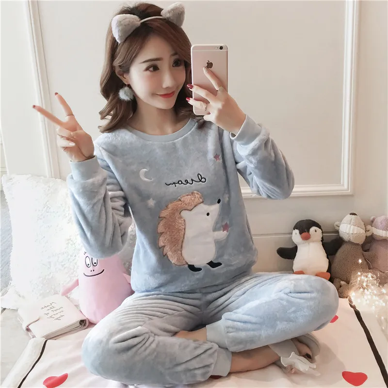 Kupokasi Cartoon Flannel Women Pajama Sets Autumn Winter Pajamas Cute Animal Female Homewear Thick Warm Girl Sleepwear