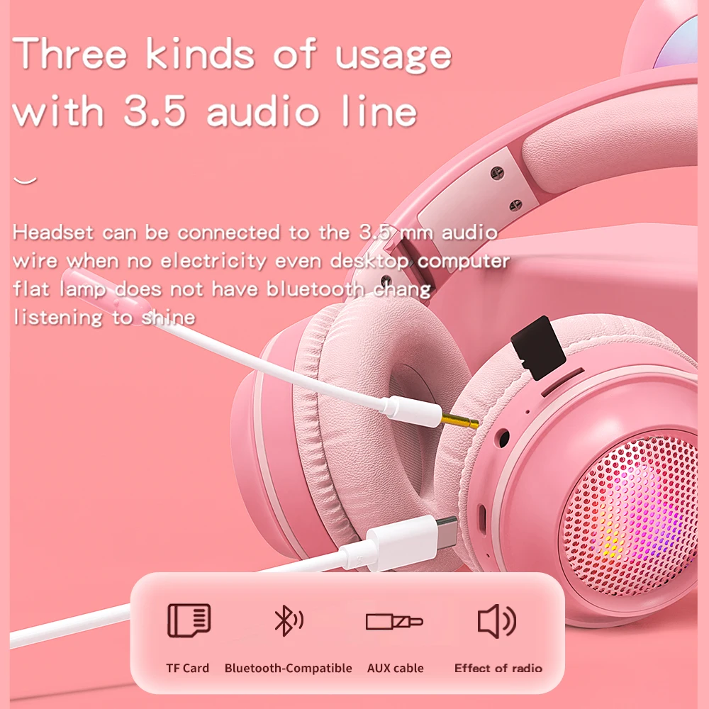 Aiksyn-무선 헤드폰 플래시 라이트, 토끼 귀 HIFI 스테레오 마이크 헤드셋 포함, 빛나는 여자 아이 선물 블루투스 호환