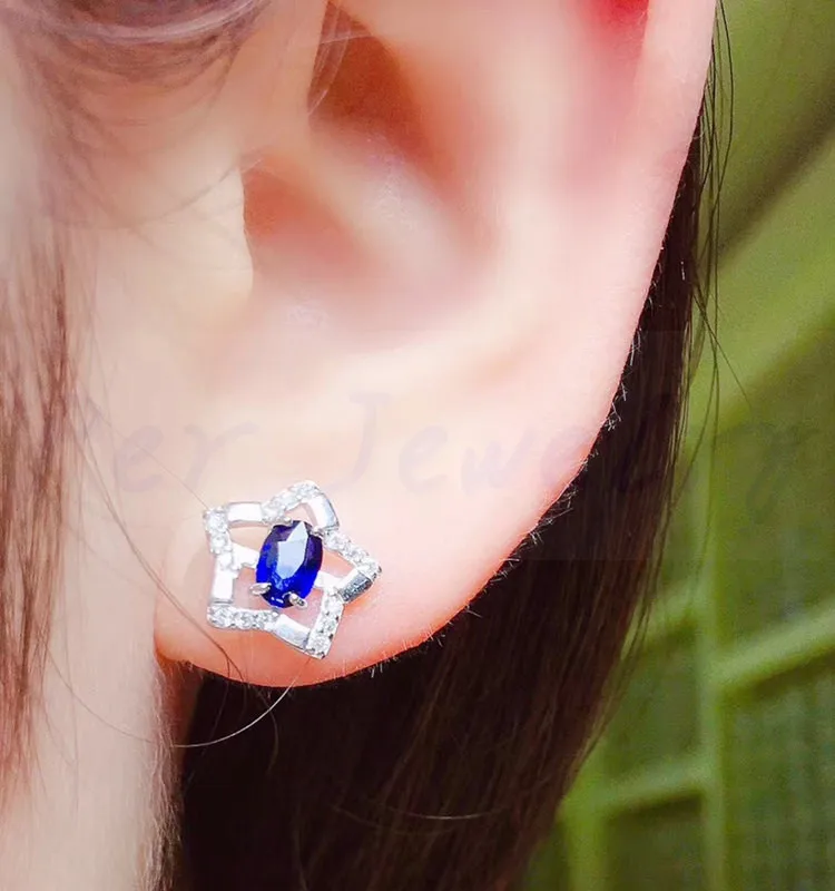 Натуральный сапфир звезда серьги-гвоздики 0.6ct* 2шт драгоценный камень 925 стерлингового серебра ювелирные украшения для мужчин или женщин# R982805
