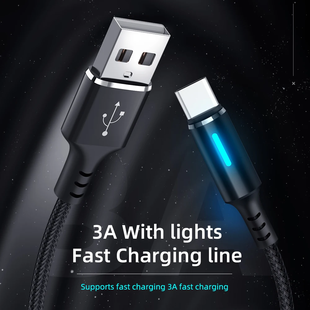 LED USB Type C Cable USB-C Charger Cord For Samsung S20 S10 Plus Xiaomi Mobile Phone Fast Charging USBC Data Charge Type-C Cable 3