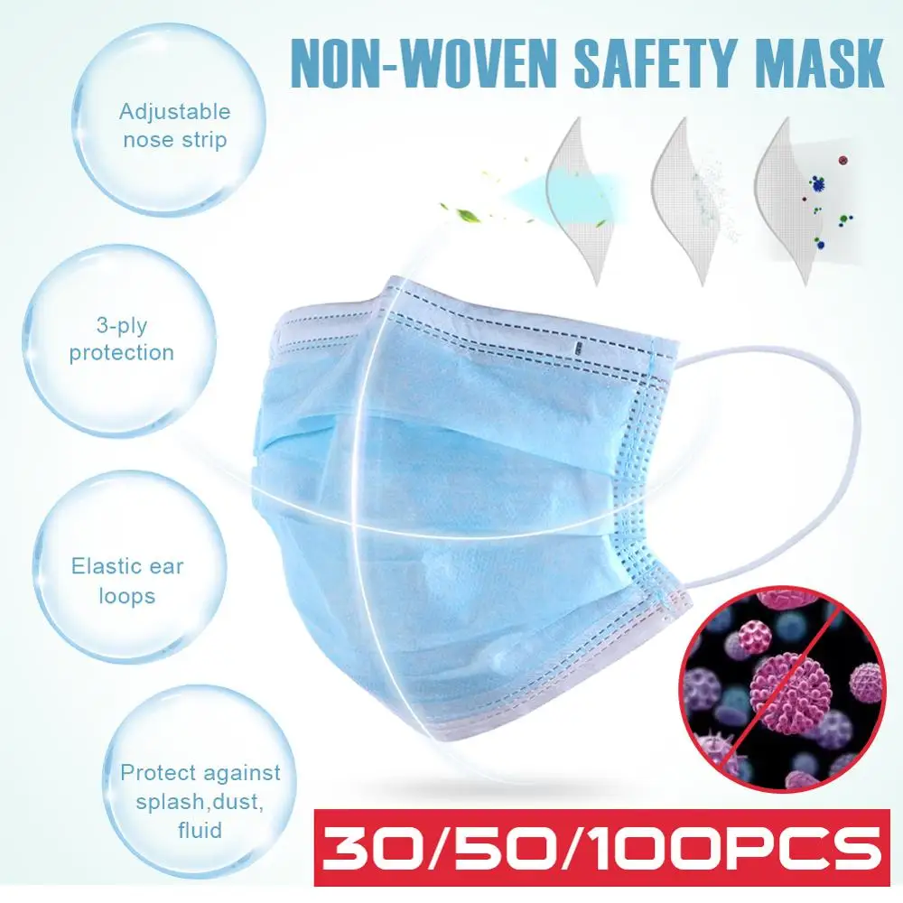 

50Pcs/Lot Disposable Masks 3-layer Non-Woven Masks Anti Virus Dust Mouth Face Mask Protection Soft Protective Mask