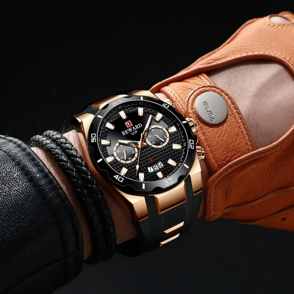 REWARD Sport Series Men's Quartz Watch Woven Shape Dial Calendar Display Black Silicone Band Rose Gold Stainless Steel Case