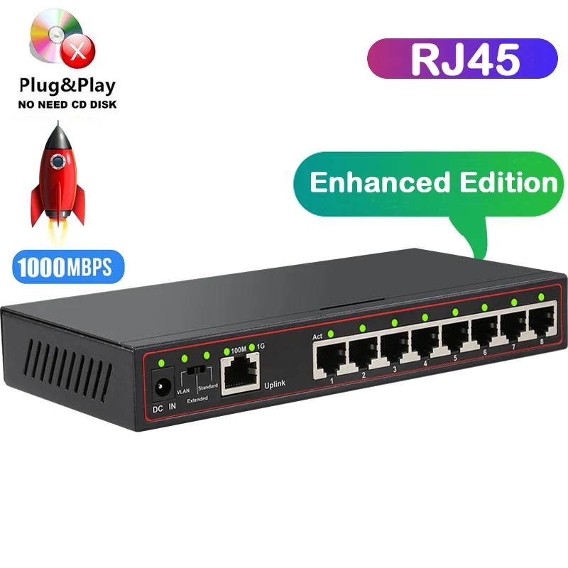 Коммутатор Gigabit ethernet 9 портов 100 + 1000M сетевой коммутатор Vlan разделитель для
