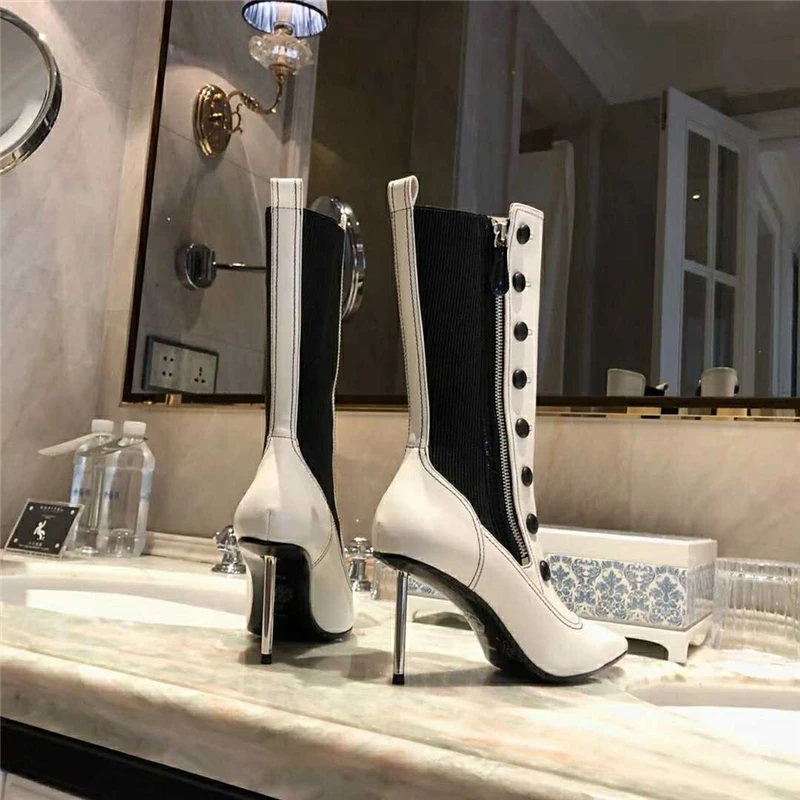 Buono Scarpe/женские ботинки средней высоты на металлическом каблуке-шпильке с острым носком; Botas Mujer; обувь для вечеринок из натуральной кожи; ботинки на молнии на каблуке