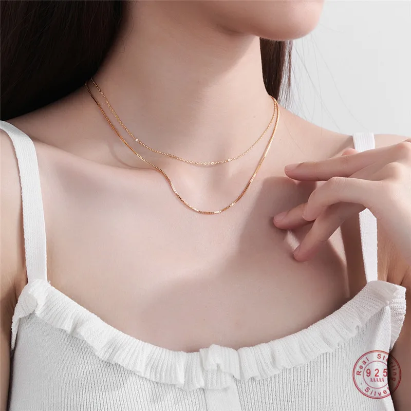 

OBEAR Genuine 925 Sterling Silver Box Chain Double Layers Chain Necklaces for Women Sterling Silver Jewelry