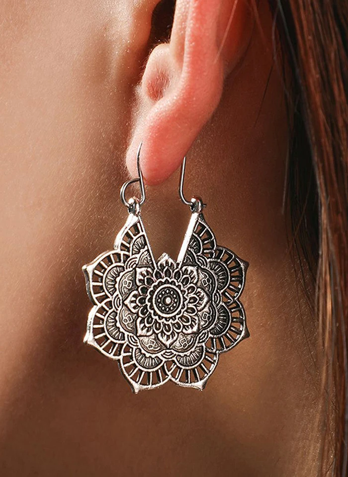 

X Women Alloy Retro Gold Silver Bohemian Vintage Ethnic Style Geometric Alloy Openwork Flower Stud 4CM Width 2.8CM Earring