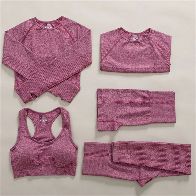5Pcs/Set Women Seamless Yoga Set Gym Clothing Fitness Crop Top High
