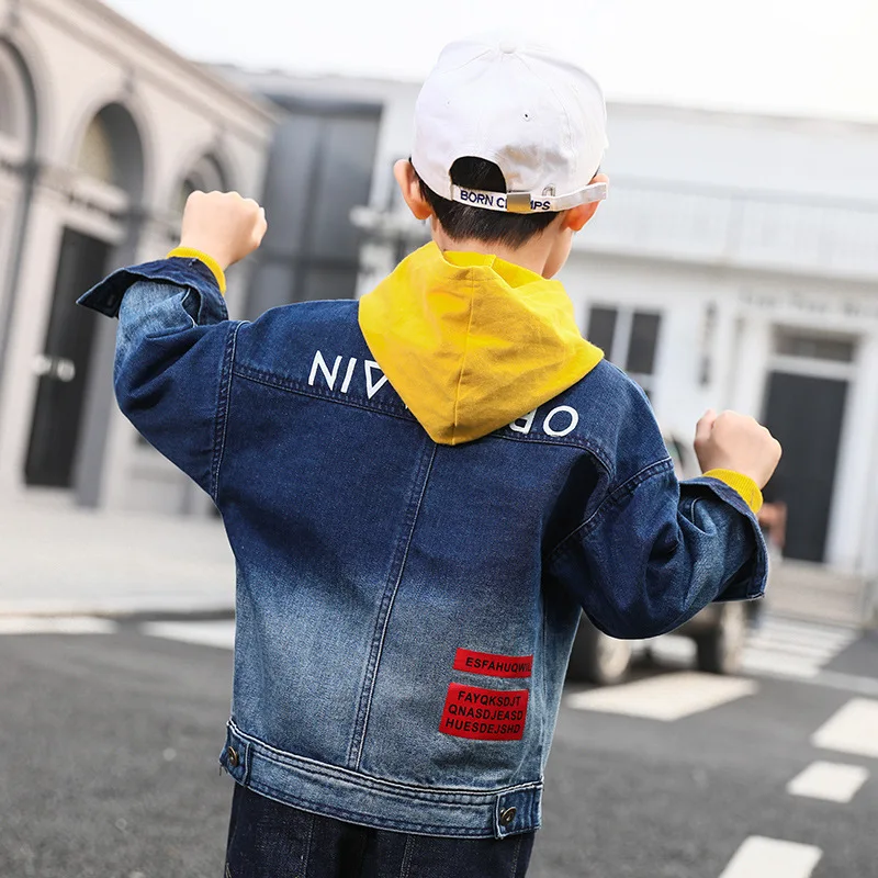 

2019 Spring Clothing BOY'S Trend of Fashion Labeling Printed Letter Gradient Color Jeans Coat Big Boy Tops Jacket