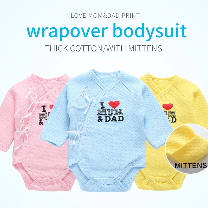 

Baby Cotton Bodysuits Autumn Winter Clothes Newborn Long Sleeve Unisex Onesies Pyjamas Baby Girl Boy Thin Padded Outfit Mitttens