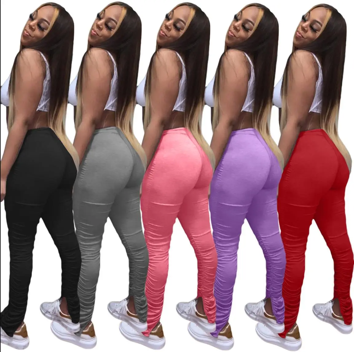 

RStylish High Waist Sweatpants Women Joggers 2020 Casual Solid Stacked Leggings Bell Bottom Trouser Split Hem Flare Ruched Pant