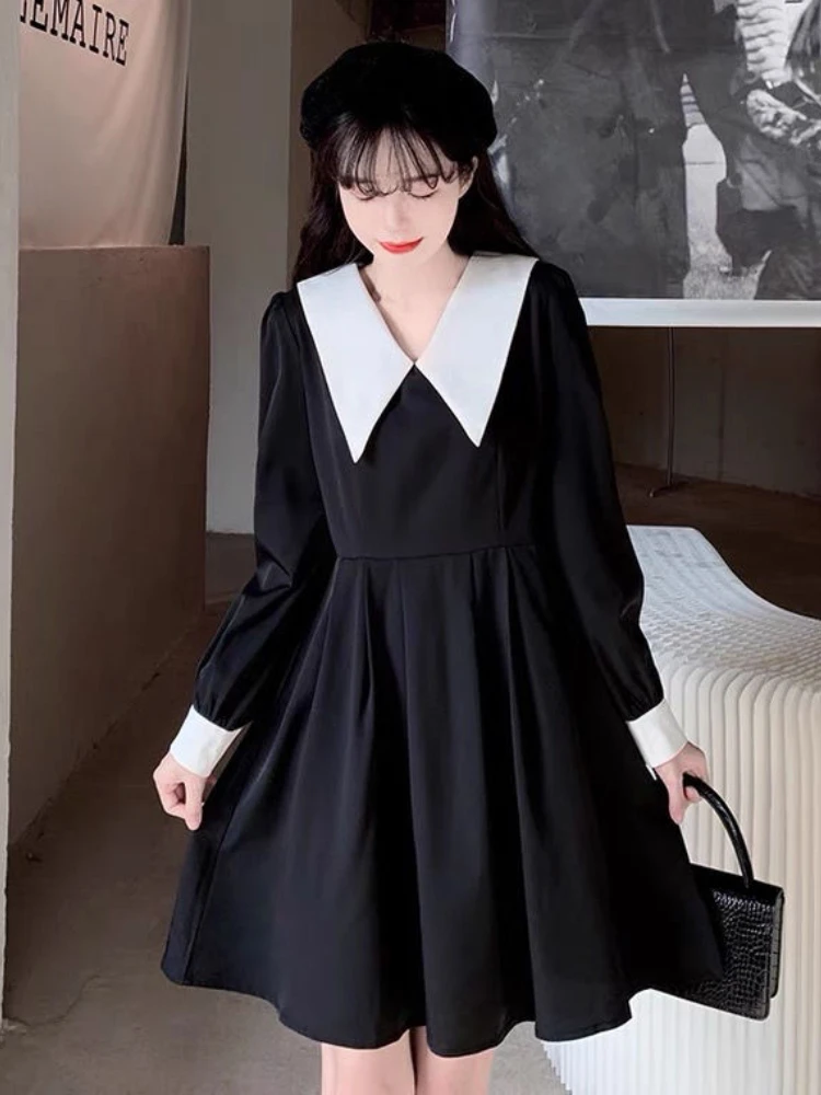 Long Sleeve Dress Women Mini Temperament Vintage Leisure Simple Peter Pan Collar College Cozy Ulzzang Fashion Autumn New Vestido satin dress