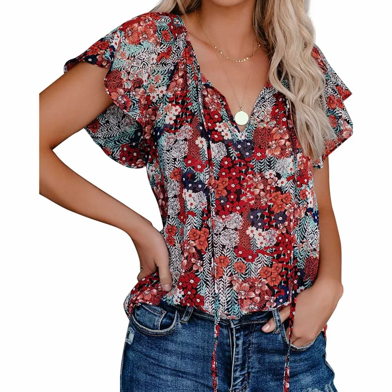 Женская летняя рубашка с цветочным принтом и v образным вырезом Красная футболка