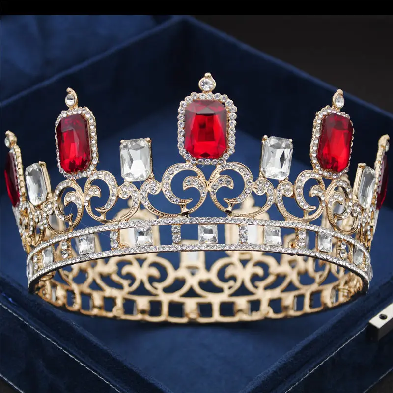 6 цветов, большая свадебная диадема в стиле барокко для королевы, короля, невесты, Променад, украшения для волос, круг, диадема, аксессуары - Окраска металла: Gold Red