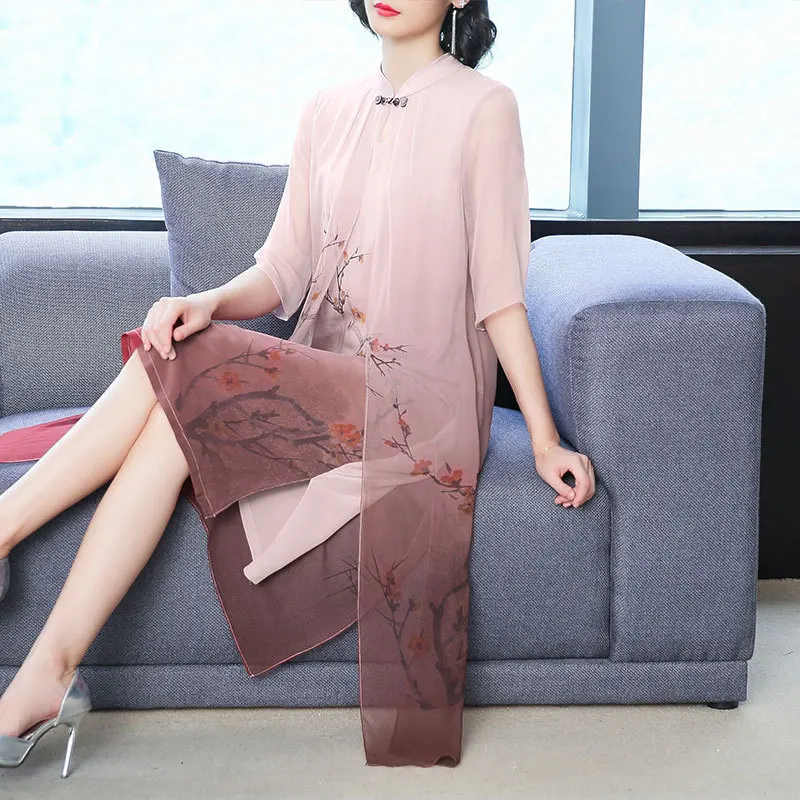 

Ozhouzhan 2019 Summer Wear Fake Two-Piece Mulberry Silk Large Size Chinese-style Printed Elegant Faux Silk Dress Women's