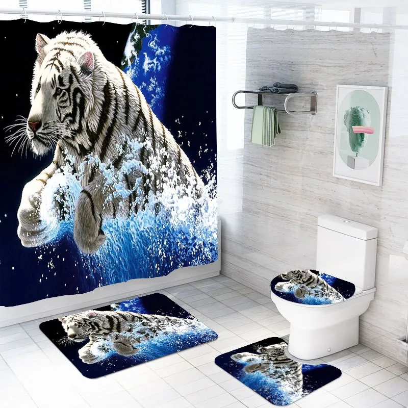 Details about   Tropical Rainforest Tiger Shower Curtain Toilet Cover Rug Mat Contour Rug 
