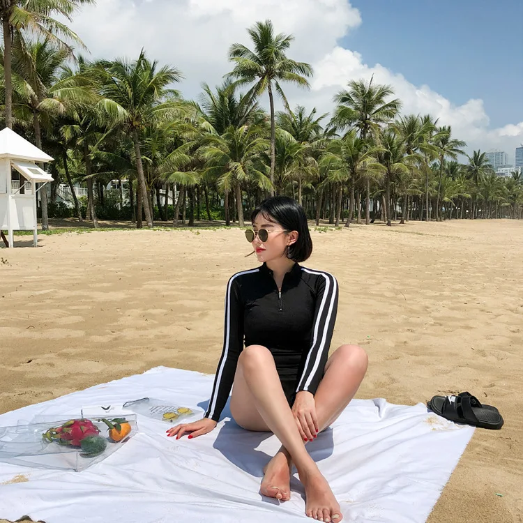 

2019 New Style Small Bust Gathering Conservative Belly Covering Split Type Long-sleeved Swimsuit Women's Sexy Slimming Students