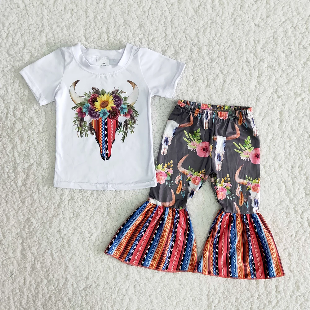 

Fashion cow outfits baby girls white short sleeve shirt colorful striped flare pants 2 pcs sets kids clothing set