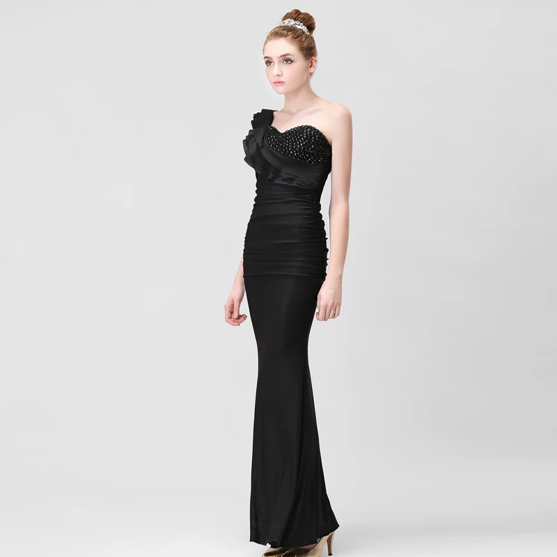 Vestido de renda crystal Новое модное Черное длинное вечернее платье на одно плечо платья для матери невесты