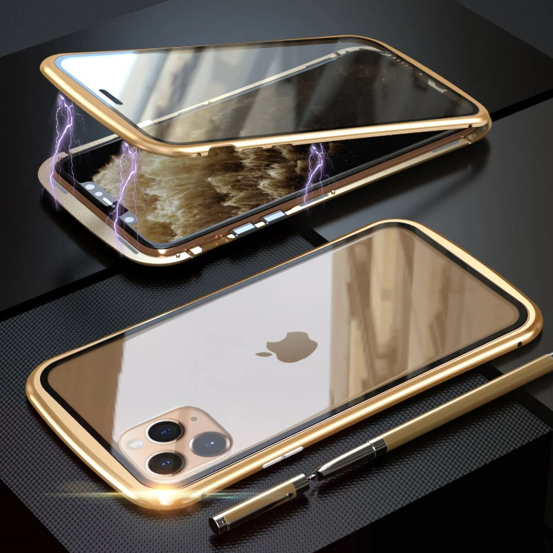 Магнитный поглощающий флип-чехол s для iPhone 6, 6s, 7, 8 Plus, X, XR, XS Max, задняя крышка для телефона, металлический стеклянный чехол для iPhone 11 Pro Max - Цвет: Gold Double Glass