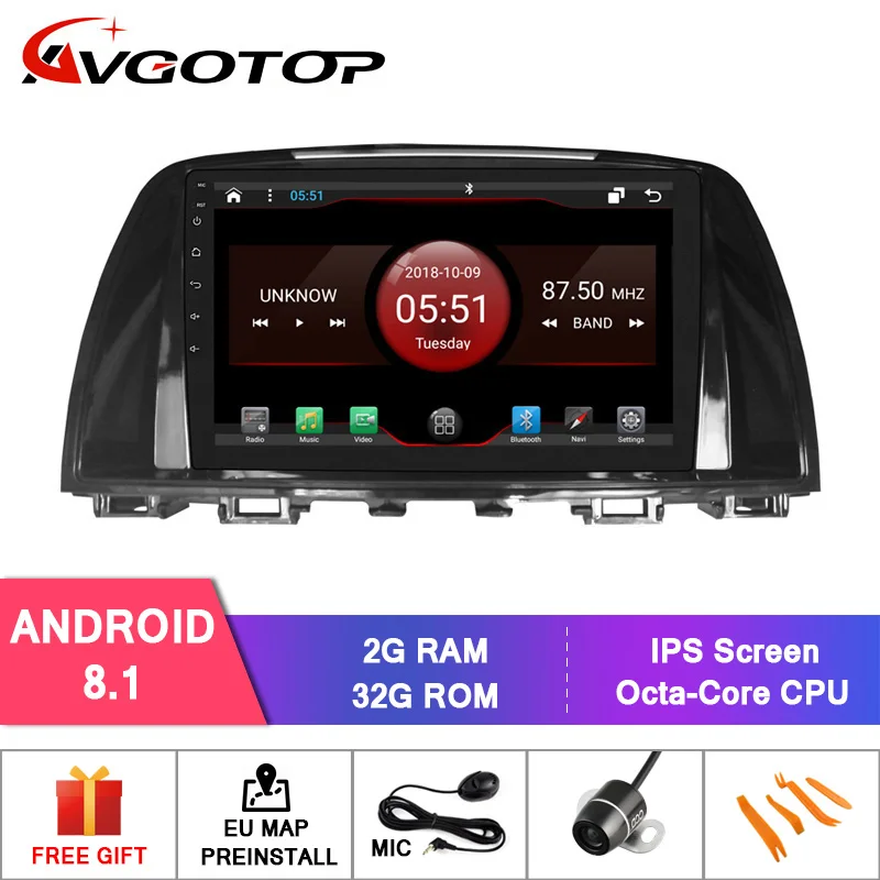 AVGOTOP Android 9 Bluetooth GPS Автомобильный радиоприёмник dvd-плеер для- MAZDA 6 - Цвет: 2GB 32GB DT9609