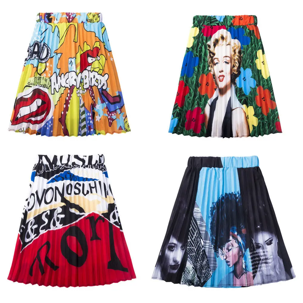 

2019 New Womens Fashion Floral Printed Short Pleated Retro Elastic High Waist Skirt Midi US