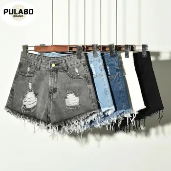 

Hole Irregular Cat Fringe Large Size Denim Shorts Women's High Waist Pants New Summer Shorts Hot Pants Black Fashion