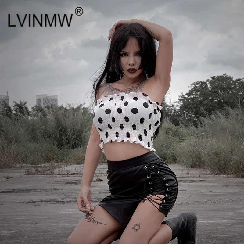 LVINMW сексуальный укороченный топ в горошек модный с вырезом лодочкой и оборками