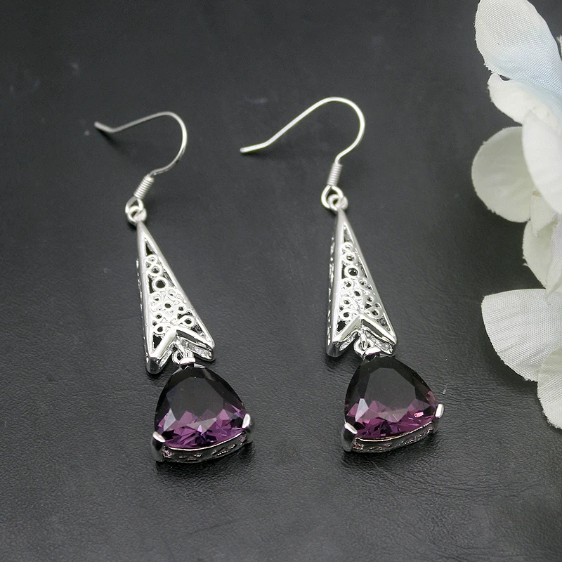 

Hermosa Royal Fantasy Shiny Purple Amethystt Silver Color Earrings For Women Fashion Jewelry 2 1/8 Inch ME005