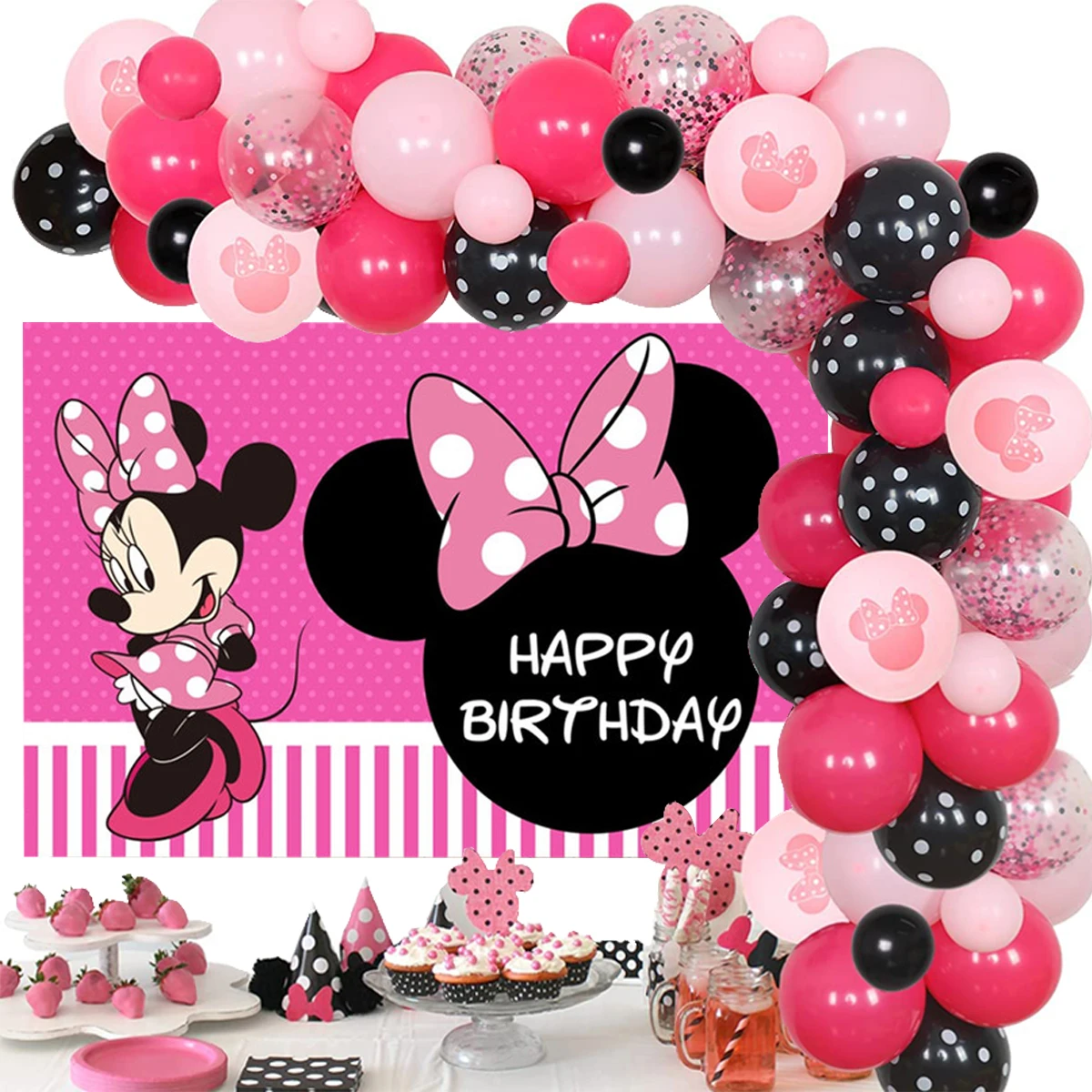 Kit de arco de guirnalda de globos de Minnie Mouse, incluye globos de  aluminio de lazo rosa, rosa, rojo, negro, globos de látex con globo,  103|Fondos para fiestas| - AliExpress