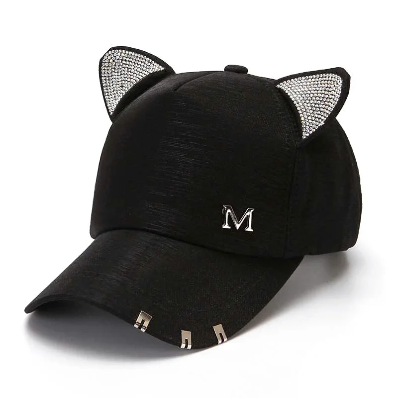 

New Women's Summer Fall Black White Pink Hat Cat Ears Baseball Cap with Rings and Lace Diamond Cute Girl Hat