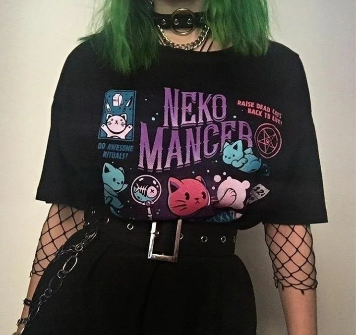 

Hahayule Yf Neko Mancer T-Shirt Unisex Cute Aesthetic Grunge Black Tee Satantic Gothic Clothing Witch Shirt