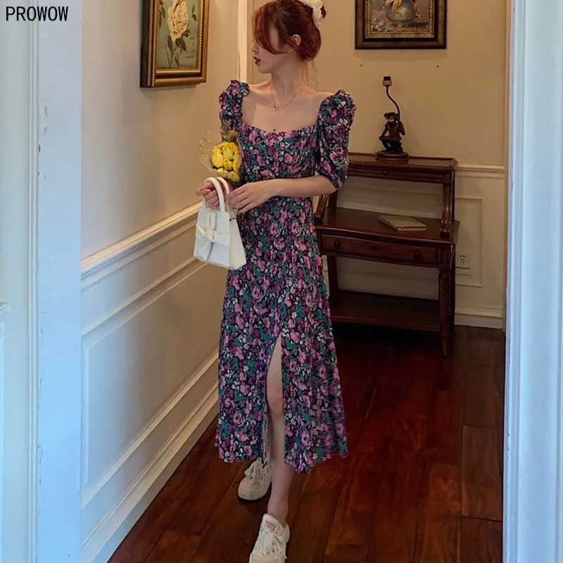 2020 Summer French Romance Retro Dresses Women Casual Floral Print Square Collar Dresses Ruffles Puff Sleeve Midi Dresses Lady