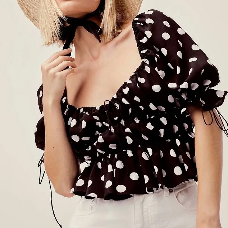 

Summer Ruffle Short Blouse Women Casual Square Collar Bow-knot Polka Dot Puff Sleeve Blouses For Lady
